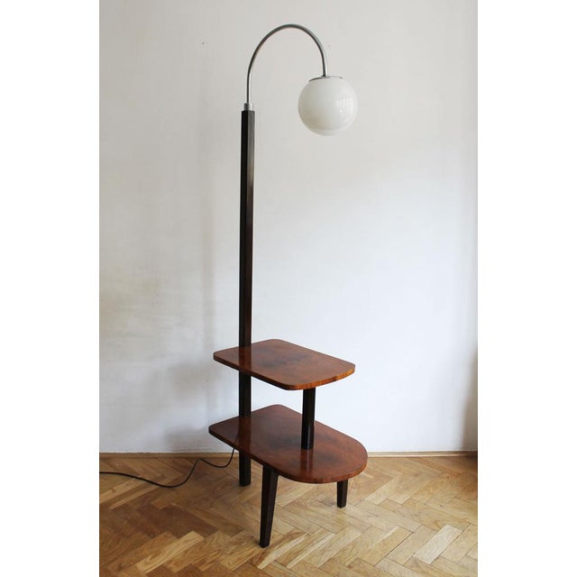 Modernist Floor Lamp in Glass, Wood, and Steel with Shelves, 1950s For Sale - Image 9 of 16