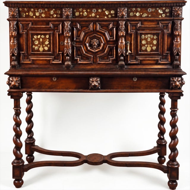 19th-C. English Carved Walnut & Mother-of-Pearl Barley Twist Cabinet on Stand For Sale In Atlanta - Image 6 of 7
