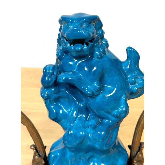 Early 20th Century French Belle Époque Chinoiserie Foo Dog Candelabra Lamp, Turquoise Flambé For Sale - Image 11 of 11