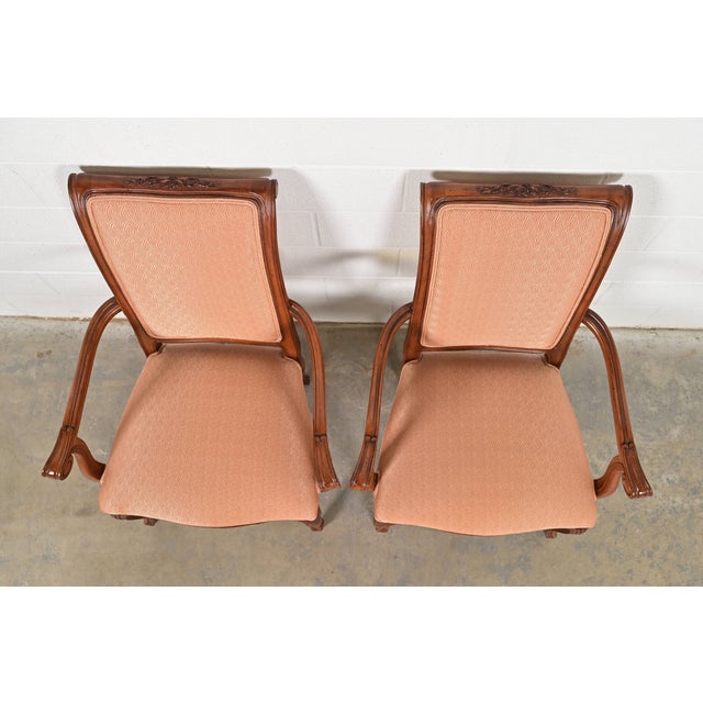 1980s Baker Furniture French Provincial Louis XV Carved Walnut Armchairs or Dining Captain Chairs, Pair For Sale - Image 5 of 13