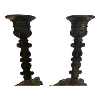 Vintage Ornate Brass Candle Holders Action Made in Italy 3 Footed Baroque 6" For Sale