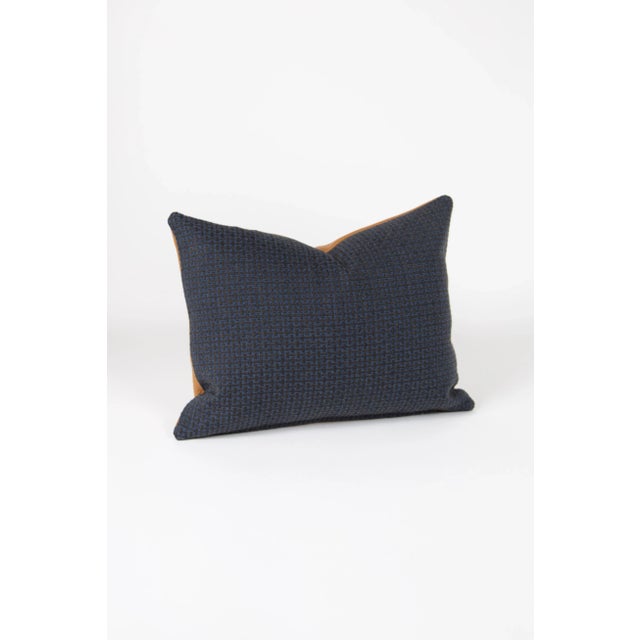 Modern Contemporary Tan Leather + Blue Contrast Pillow For Sale - Image 3 of 7