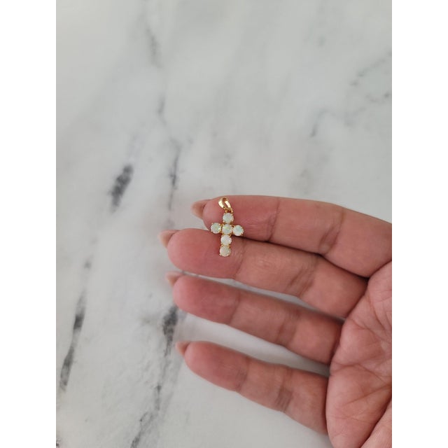 Small Dainty Round Opal Cross Necklace For Sale - Image 4 of 4