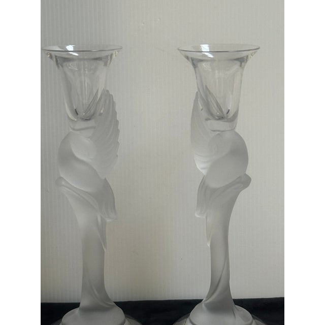 Pair of Frosted Crystal Snow Kissing Doves Candlesticks Sign Igor Carl Faberge for the House of Faberge Made in France For Sale - Image 14 of 18