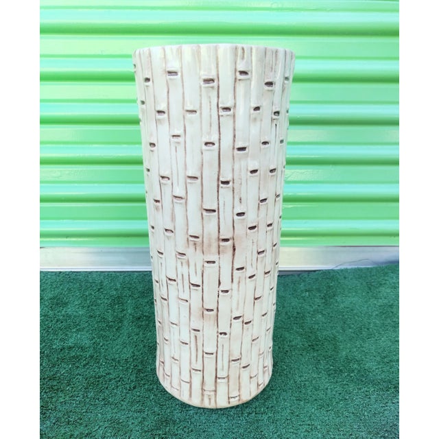 Vintage Ceramic Faux Bamboo Off White Tan Umbrella Stand Holder For Sale In West Palm - Image 6 of 6