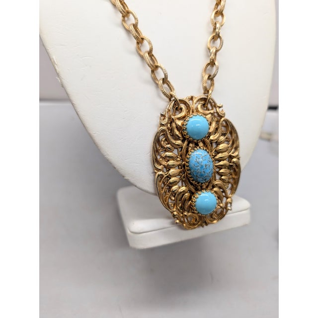1960s Vintage 1960s Signed Napier Goldtone Cabochon Faux-Turquoise Pendant Necklace For Sale - Image 5 of 10