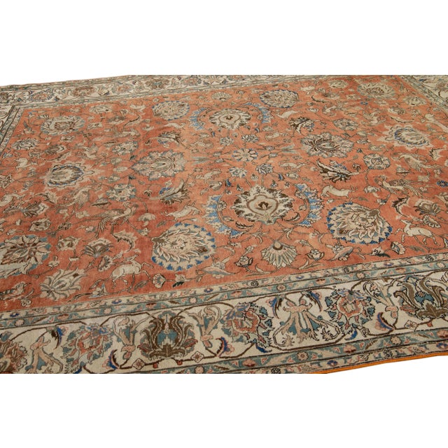 Rust Antique Persian Tabriz Handmade Allover Floral Wool Rug For Sale - Image 4 of 11