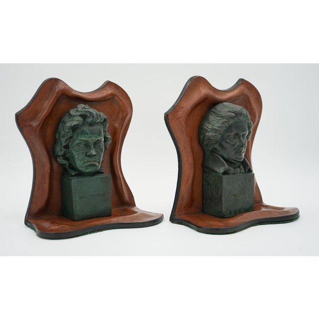 Mozart and Beethoven Leather Bookends with Patina, Set of 2 For Sale - Image 3 of 15