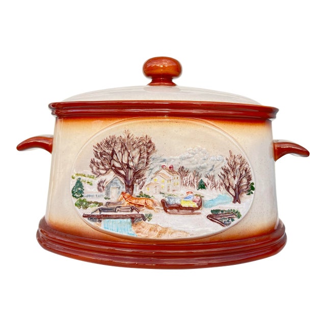 Vintage Ceramic Tureen or Jar With Winter Scene by Hersey For Sale