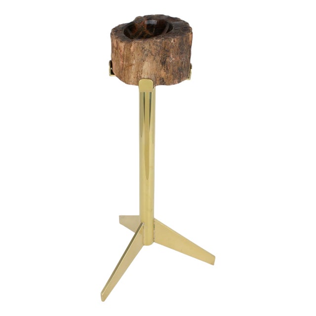 Mid-Century Brass and Petrified Wood Ashtray Vide Poche Side Table, circa 1960 For Sale