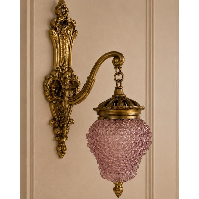Metal 1980s French Louis XVI Gold Purple Crystal Wall Lamps Sconces-Pair For Sale - Image 7 of 14