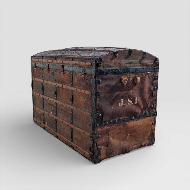 Traditional Antique Dome-Top Wooden Trunk With Original Iron Hardware and Patina, Late 19th Century For Sale - Image 3 of 15