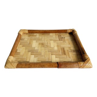Vintage Woven Bamboo Rattan Tray, 1970s For Sale