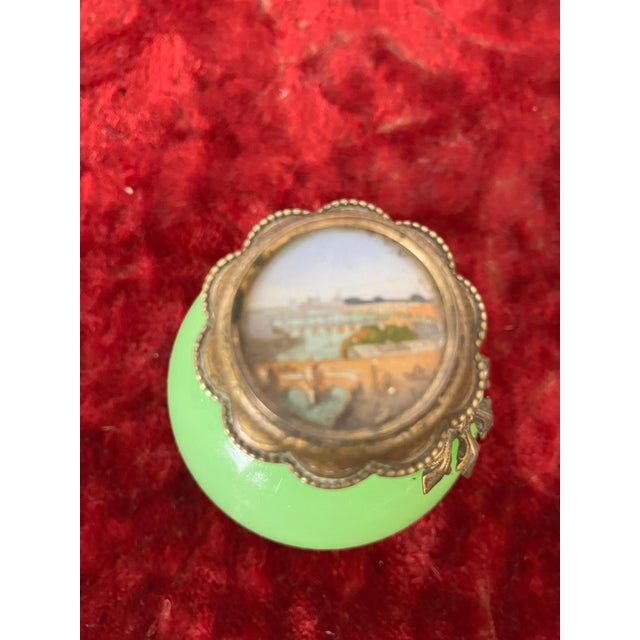 Mid 19th Century Mid 19th Century French Uranium Opaline Scent Bottle, Hand-Painted Pont Neuf & Louvre Miniature, Gilt Mounts, Napoleon Iii, 3in For Sale - Image 5 of 14