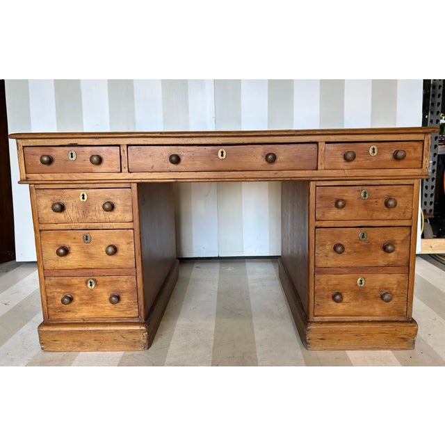 Beautiful 19th century country English pine and tooled leather pedestal desk.
