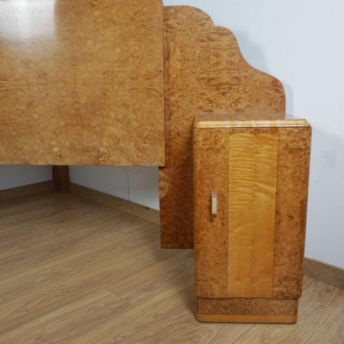 An Art Deco King bed by Harry & Lou Epstein. Burr walnut and satin birch veneered on solid mahogany. Each bedside opens to...