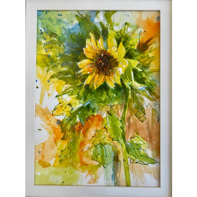 Shabby Chic Framed Original Watercolor Painting “Sunflower” For Sale - Image 3 of 12
