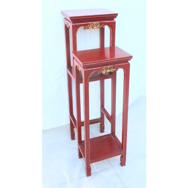 Chinese Red Lacquer Tall Plant Tables - A Pair of 2 For Sale - Image 17 of 17