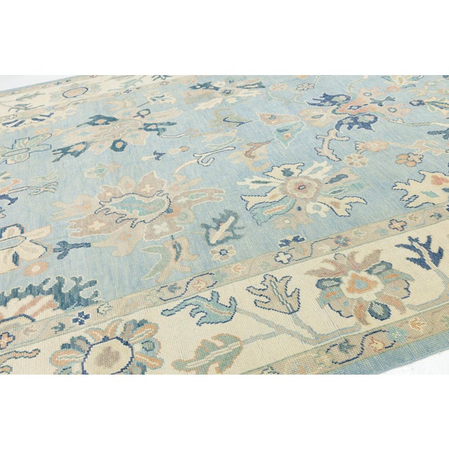 Modern Hand-Knot Oushak Style Light Blue & Soft Earth Tone Floral Wool Area Rug For Sale In New York - Image 6 of 12