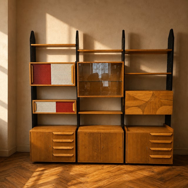 Vintage Czechoslovak Modular Wall Unit with Veneer Cabinets and Black Wooden Supports, 1970s For Sale - Image 13 of 13