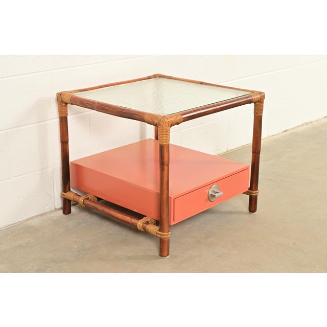 John Wisner for Ficks Reed Mid-Century Hollywood Regency Bamboo Rattan Glass Top Side Table, 1950s For Sale - Image 12 of 12