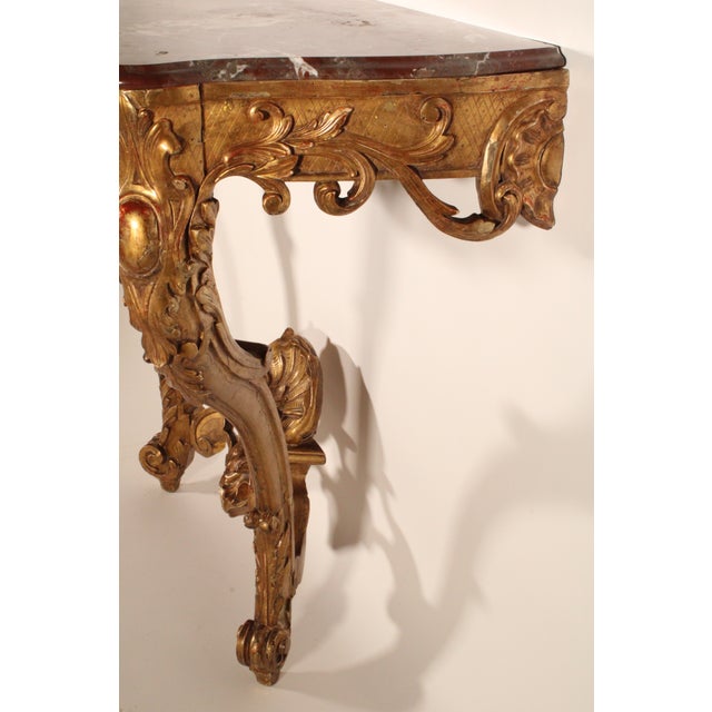 Antique Louis XV Giltwood (Gold Leaf) Marble Top Console Table For Sale - Image 4 of 12
