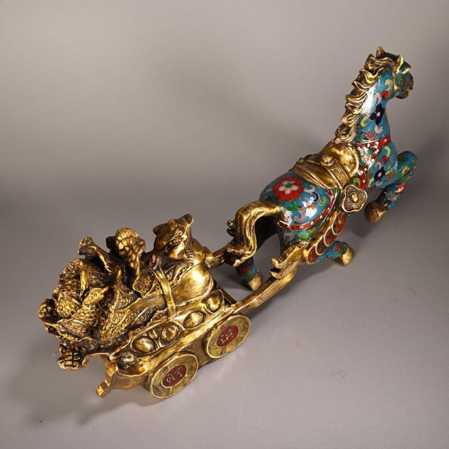 Vintage Cloisonne Enamel Horse & Cart Figure – 15.7" Gilt Wealth Sculpture For Sale - Image 4 of 9