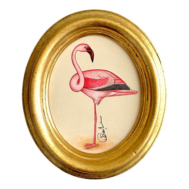 Original Hand-Painted Flamingo in a Vintage Italian Frame For Sale