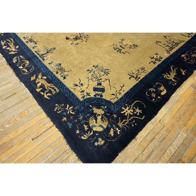 1920s Beige Field Floral Vase Deco Antique Chinese Peking Knotted Room Size Rug For Sale In New York - Image 6 of 7