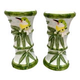 Vintage Palm Beach Style Bamboo & Bird Candleholders-a Pair For Sale