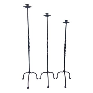 Hand Forged Iron Candelabra Set of 3 (93-113cm) Antique Copper Finish Barley Twist Stem with Deep Cylindrical Cups For Sale