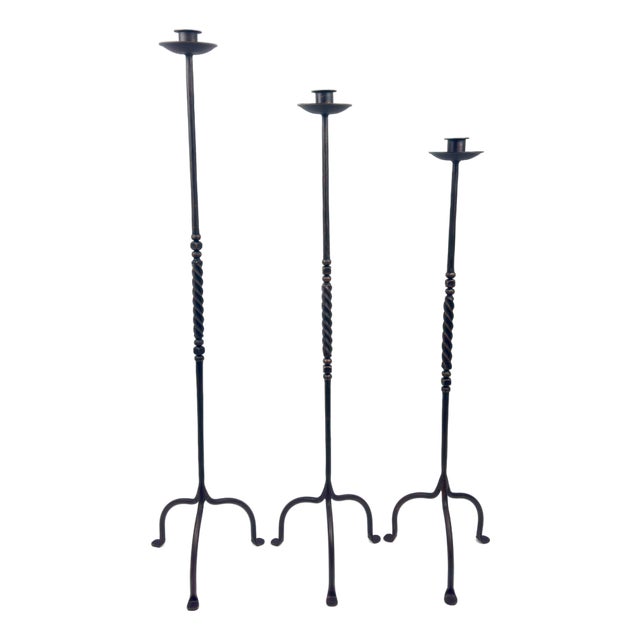 Hand Forged Iron Candelabra Set of 3 (93-113cm) Antique Copper Finish Barley Twist Stem with Deep Cylindrical Cups For Sale