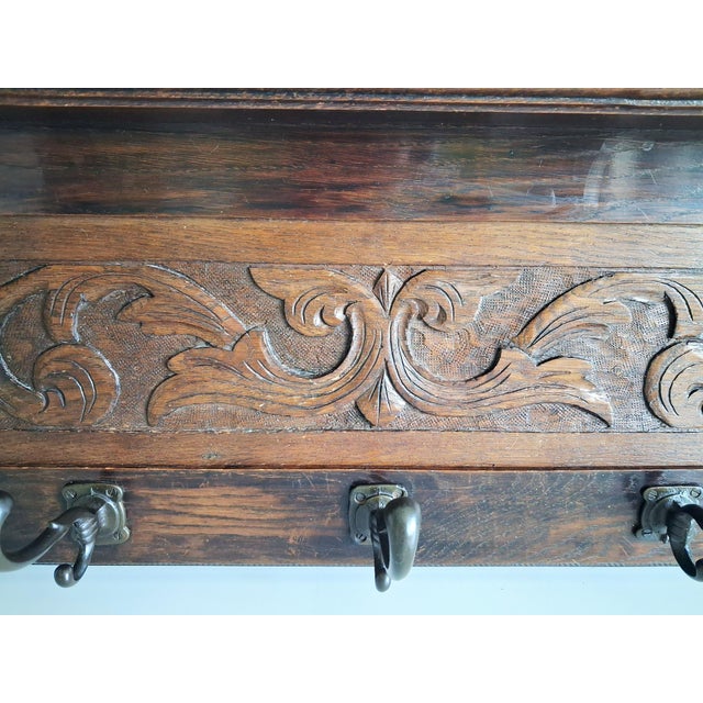 Antique Carved Solid Wood Wall Coat Rack, European Folk Style, 5 Hook Hall Rack For Sale - Image 6 of 8