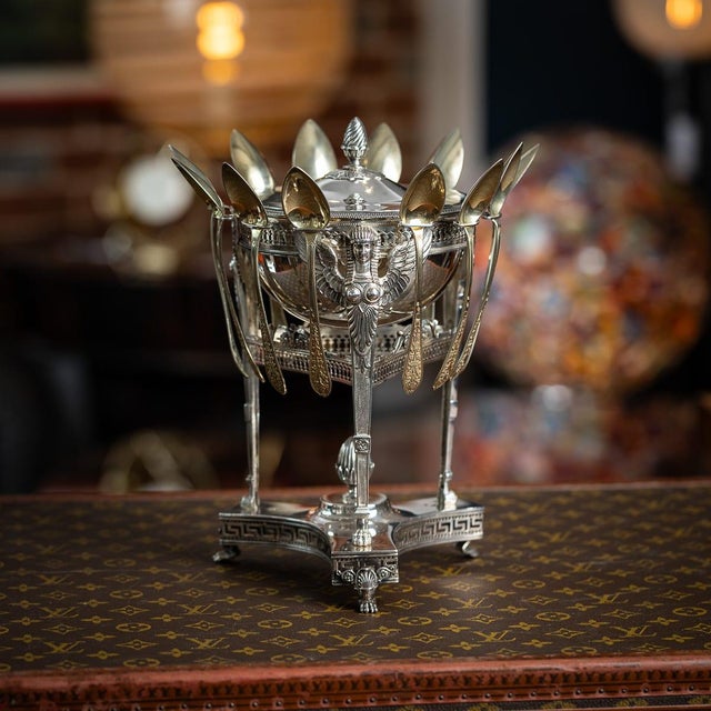 Antique early 19th Century French Empire solid silver confiturier, created in the distinctive ‘Retour d’Égypte’ style that...