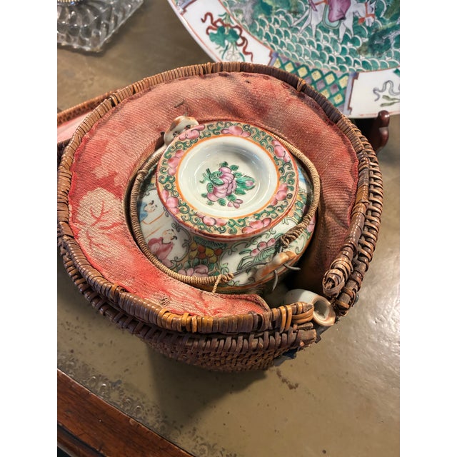 Ceramic Antique Chinese Famille Rose Porcelain Teapot in Its Original Basket, 19th Century For Sale - Image 7 of 12