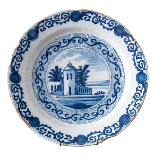 18th Century Dutch Delft Blue and White Landscape Dishes, Set of 2 For Sale