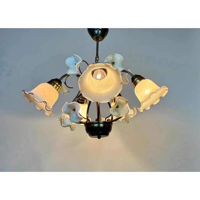 Glass Vintage 1980s Floral Glass Chandelier – 5 Light Rustic Gold Ceiling Fixture For Sale - Image 7 of 15