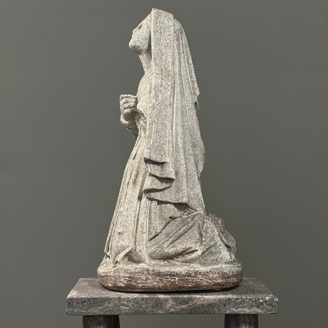 Antique Carved Stone Folk Art Religious Sculpture of a Kneeling Woman For Sale - Image 4 of 10