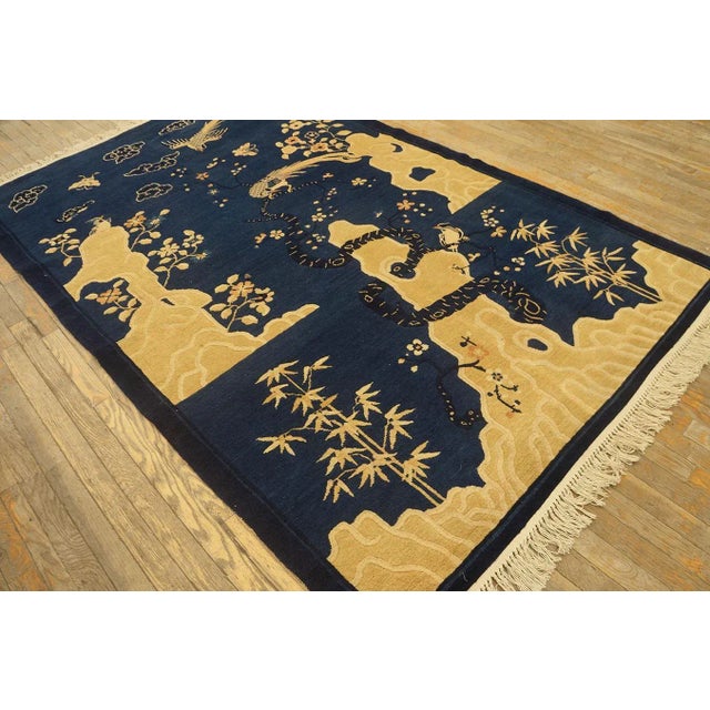 1920s Navy Blue Scene Pictorial Antique Chinese Peking Carpet 5' X7' 8" Knotted Wool Rug For Sale - Image 4 of 12