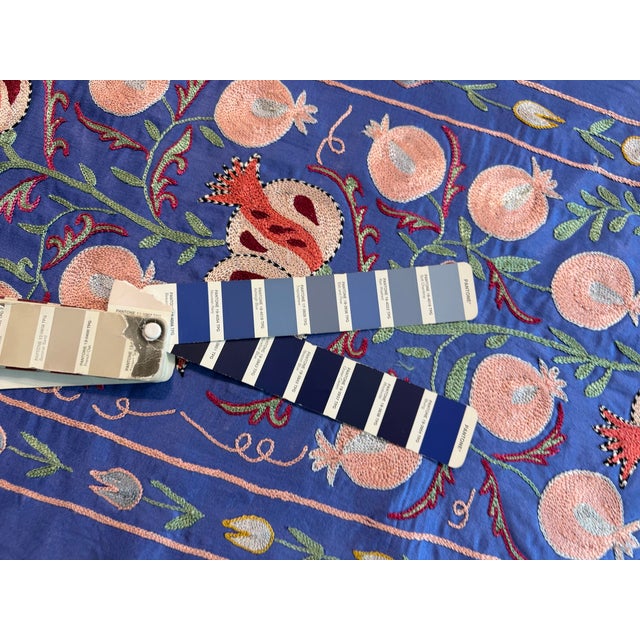 Textile Periwinkle Silk Suzani Runner With Peach Pomegranates For Sale - Image 7 of 7
