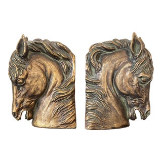 Vintage Antique Finish Brass Horse Head Bookends, Set of 2 For Sale