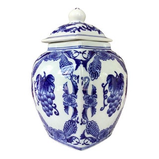 1980s Nantucket Home Blue and White Hand-Painted Porcelain Lidded Ginger Jar For Sale