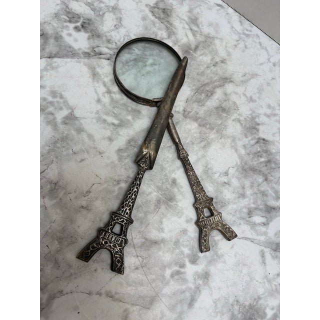 Silver Vintage Eiffel Tower Patterned Pewter Letter Opener and Magnifying Glass, Set of Two For Sale - Image 8 of 10