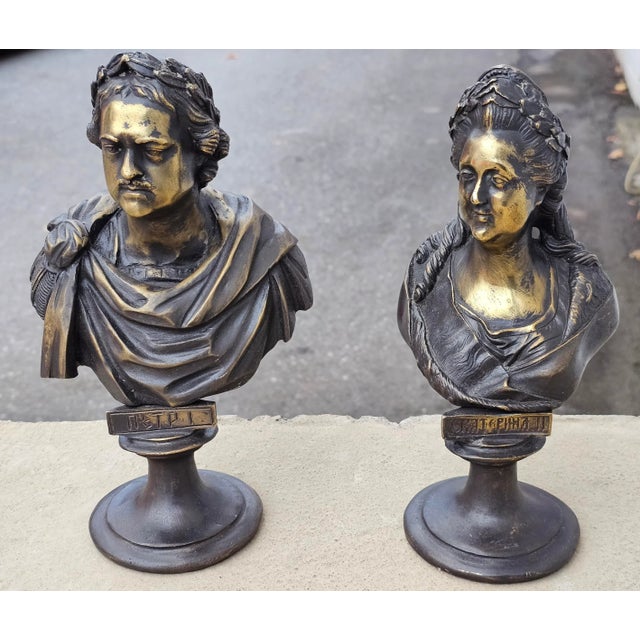 Mid 19th Century Pair of 19th Century Russian Bronze Busts of Peter I and Catherine the Great For Sale - Image 5 of 11