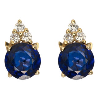 1.19ct Ceylon Blue Sapphire Stud Earrings With Natural Diamonds: Solid 14k Gold, Pair For Sale