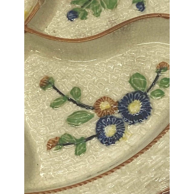 Japanese Vintage Divided Ceramic Hand Painted Dish Plate Majolica Style K Maker’s Mark Japan 1940’s For Sale - Image 3 of 12