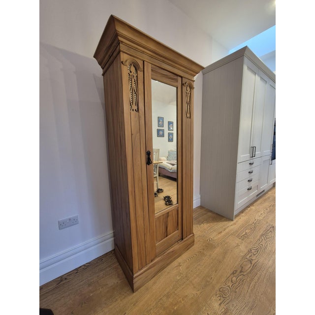 Antique Satin Walnut Mirrored Wardrobe For Sale - Image 3 of 18