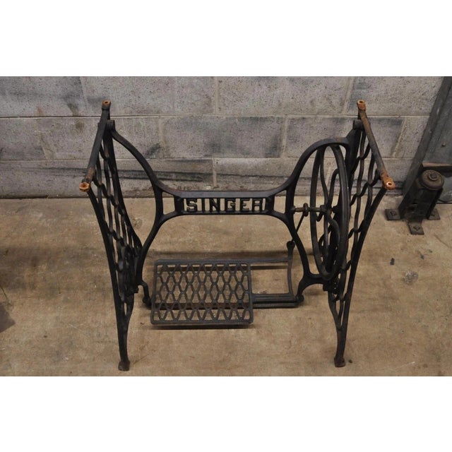 Metal Antique Cast Iron Singer Treadle Sewing Machine Base Oval Marble Console Table For Sale - Image 7 of 12