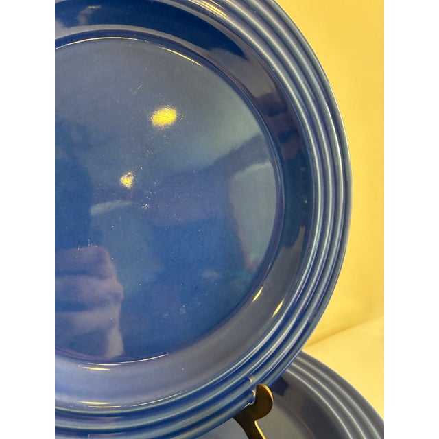 French Vintage Emile Henry France Cobalt Blue Ribbed Salad Plates, Set of 11 For Sale - Image 3 of 10
