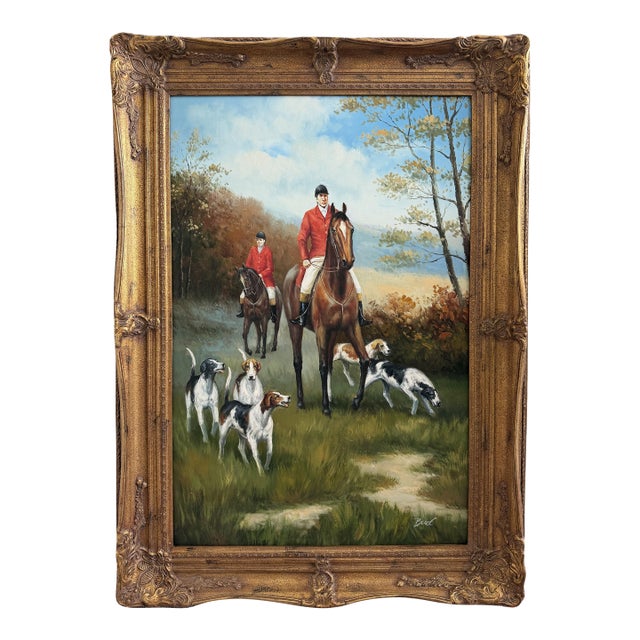 Fox Hunting Scene Oil Painting on Canvas Horses Hounds Equestrian Sporting Art For Sale